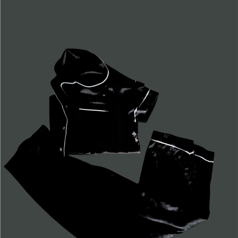 Black Satin Pajama Set with White Piping